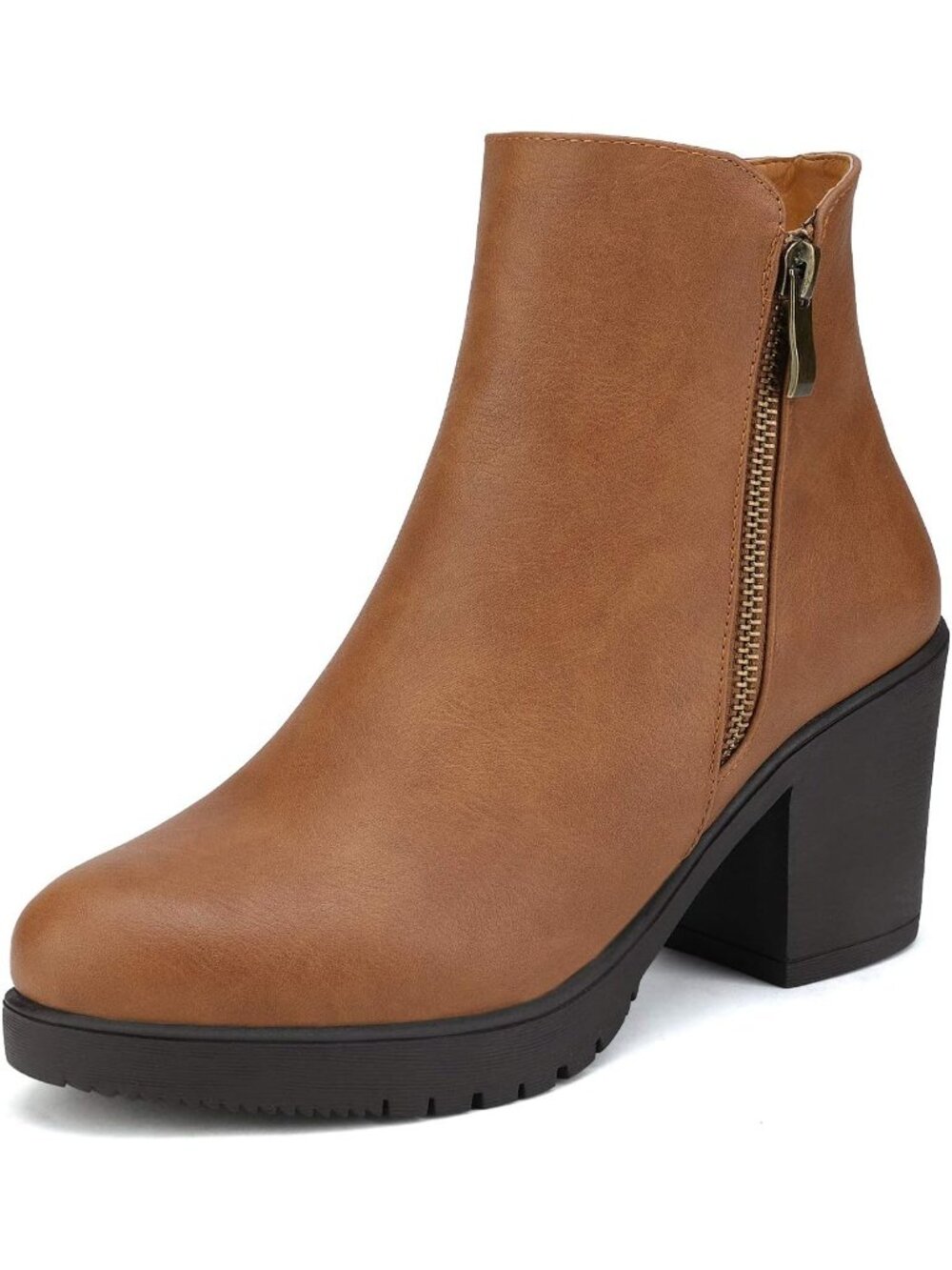 DREAM PAIRS Women's Tan/Pu Block Heel Chelsea Ankle Boots 3-Inch Fall Booties